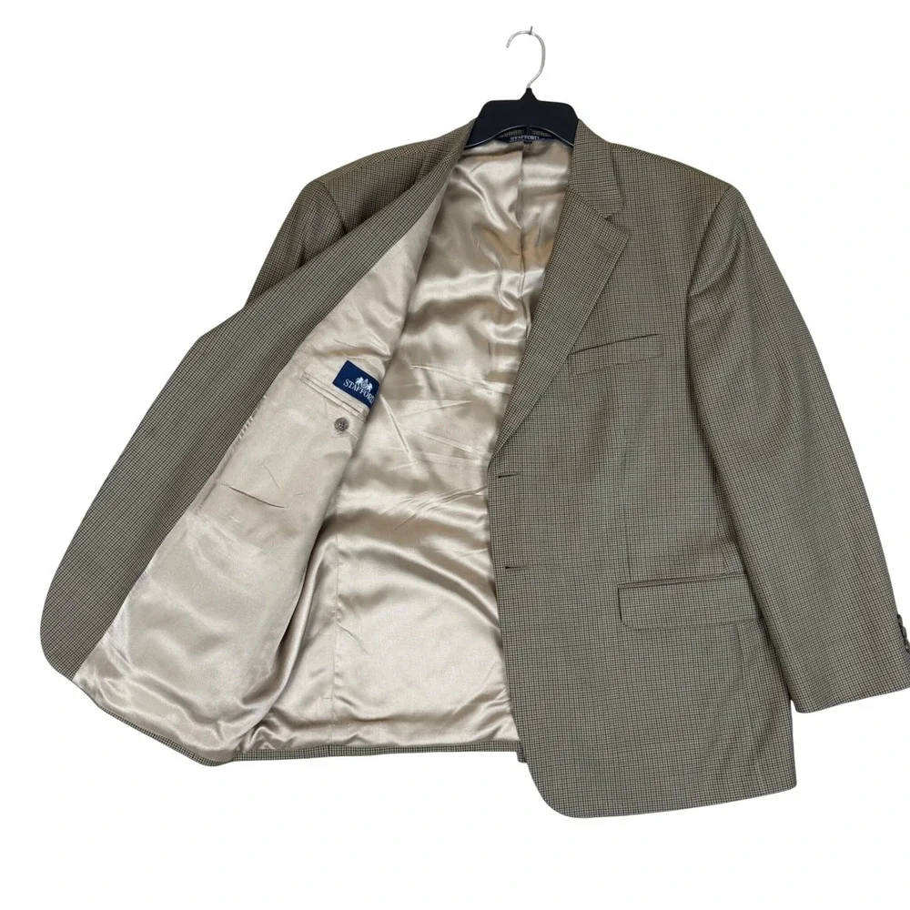Stafford Blazer Sport Coat 44R Houndstooth Olive Tan Worsted Wool Blend RN8709
